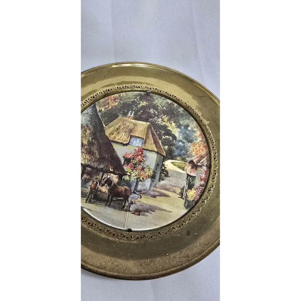 2 Vtg foil art brass wall plates England cottagecore countryside old world